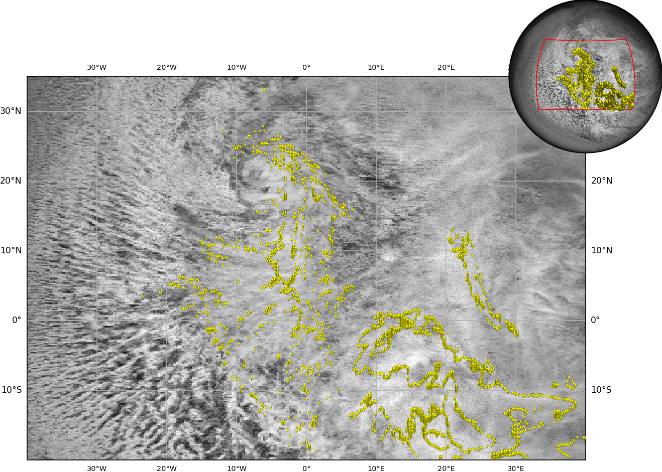 Satellite-like view of a swirling storm system over a planet with yellow lightning strike locations marked. The main map is overlaid with latitude and longitude grid lines, and a circular inset in the top right shows the planet with the storm area outlined in red.