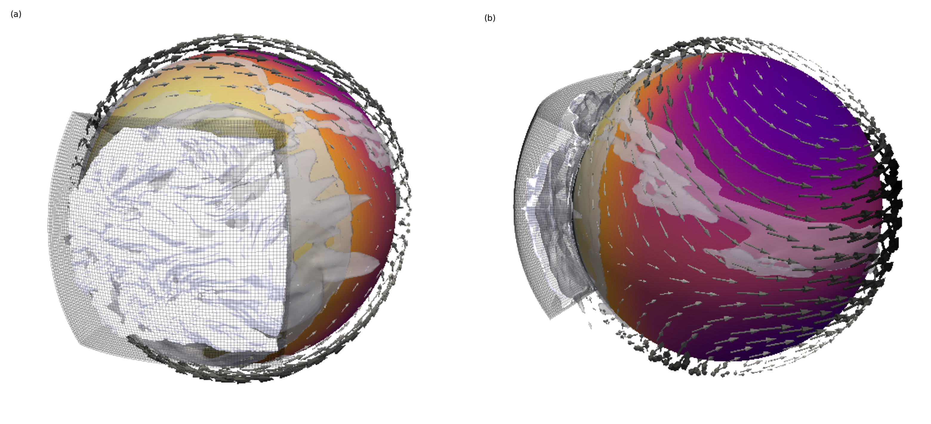 Two side-by-side 3D visualizations of a planet. The left panel displays 3D convective clouds with a grid overlay on one side of the planet, and black arrows indicating wind direction and strength. The right panel shows similar features from a different angle, highlighting the distribution of clouds and wind vectors.